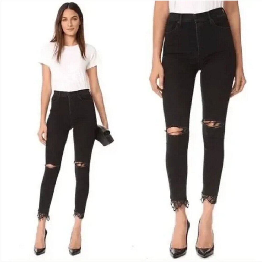 MOTHER Swooner Dagger Ankle Fray Jeans Baa Baa Black Sheep Raw Hem Lace Trim 28